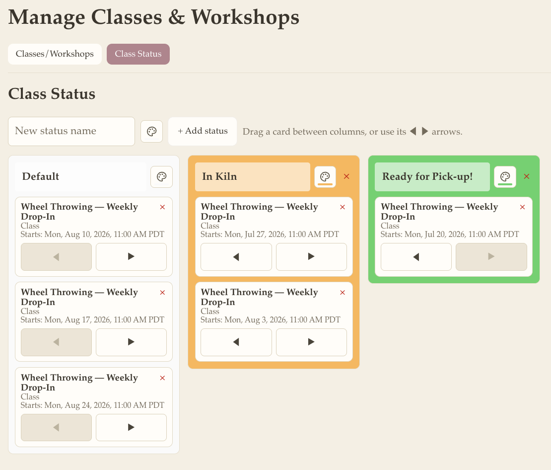 A drag-and-drop class status board with columns like Default, In Kiln, and Ready for Pick-up.