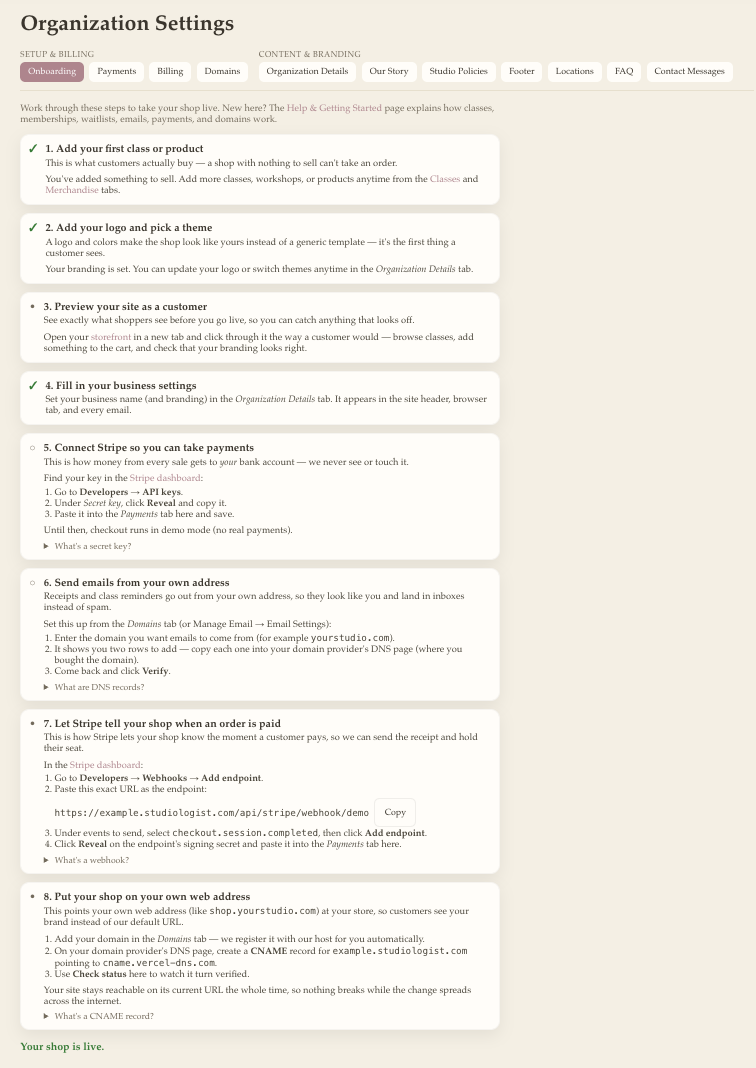 The admin onboarding checklist walking a studio owner through adding classes, branding, connecting Stripe, email, and a custom domain.