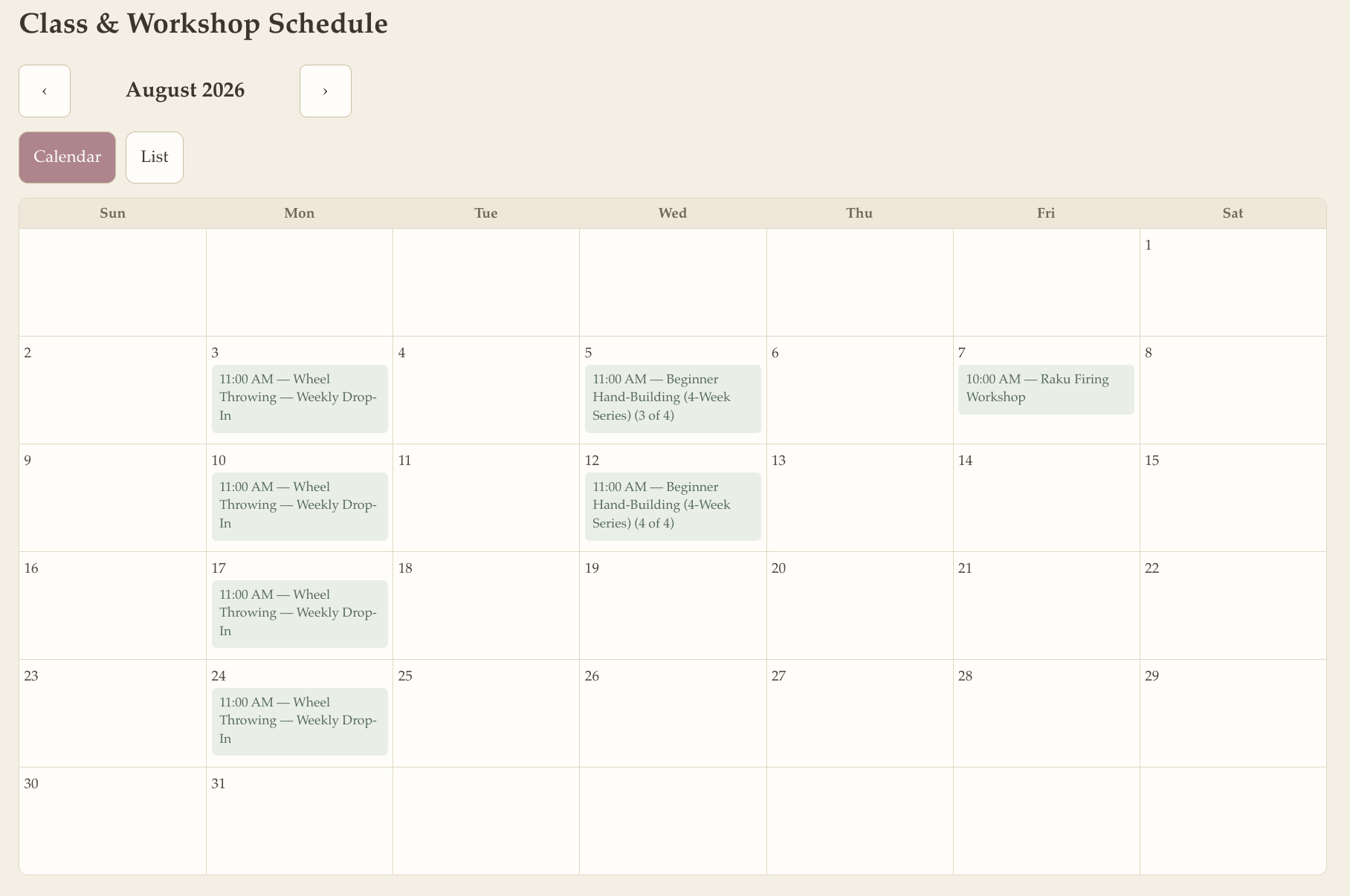A monthly booking calendar showing scheduled classes and workshops on their dates.