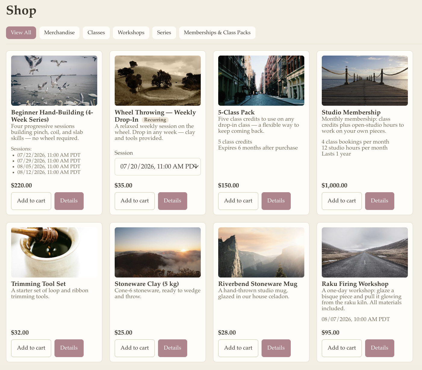 The customer-facing storefront: a grid of classes, workshops, memberships, and merchandise, each with a photo, price, and “Add to cart” button.
