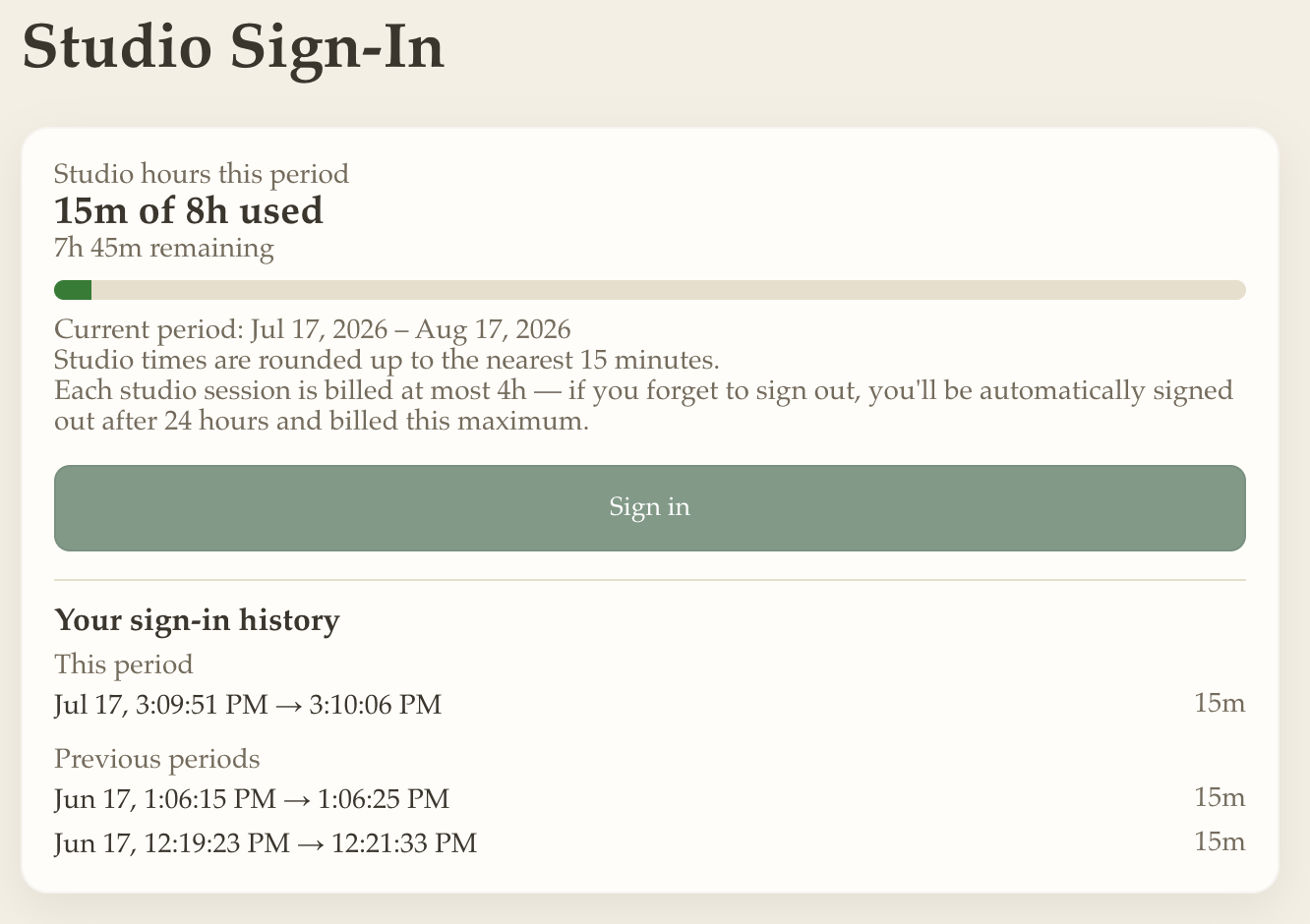 The member studio sign-in screen showing studio hours used this period and a sign-in history.